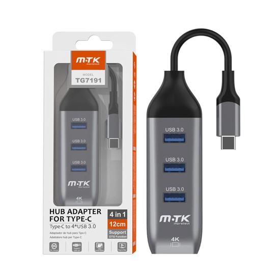 Adaptador Hub 4 em 1 Mtk TG7191 Tipo C para 4 USB 0,12m Cinza